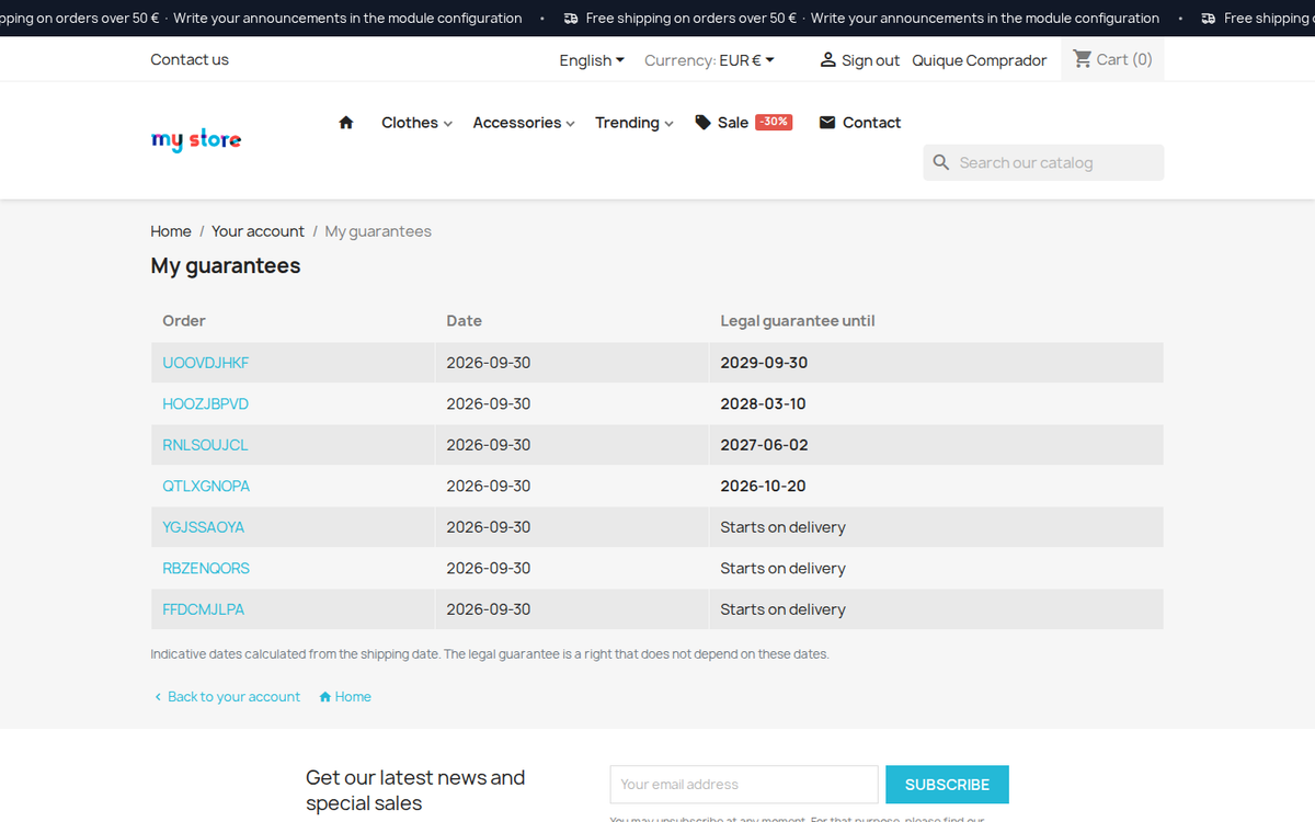 Date de fin de la garantie légale de chaque commande dans le compte client PrestaShop