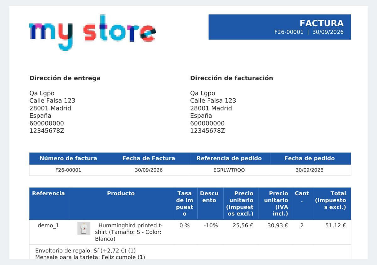Factura PDF moderna de PrestaShop con logo, colores y numeración propia