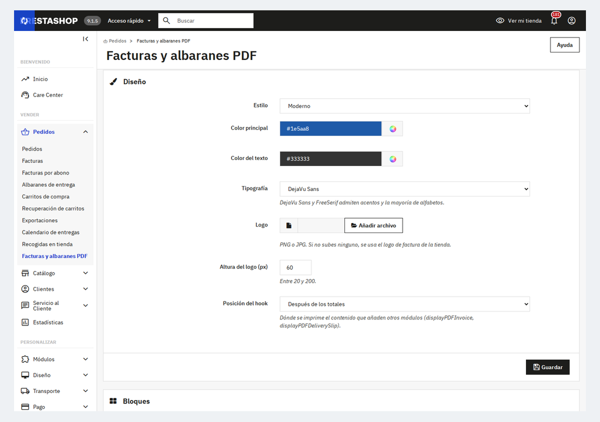 Editor de diseño de facturas PDF en el back office de PrestaShop
