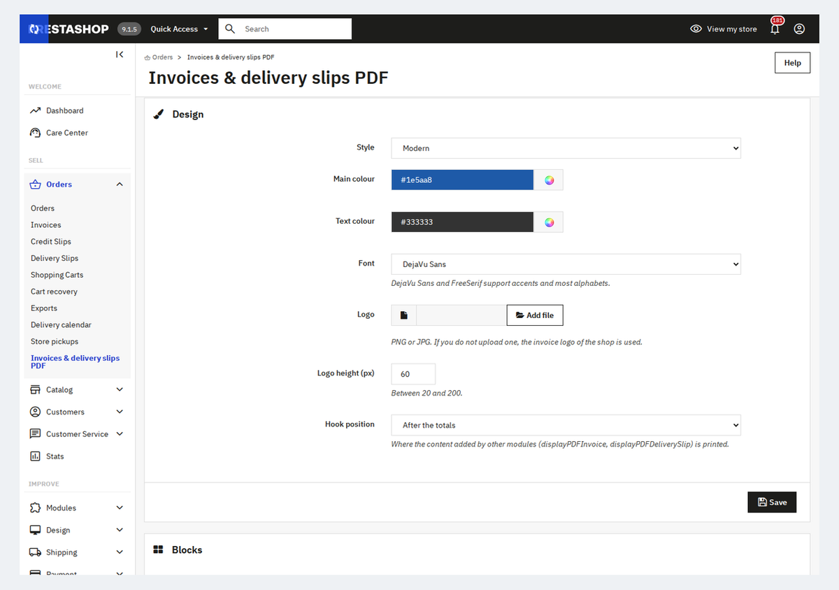Éditeur de design des factures PDF dans le back-office PrestaShop