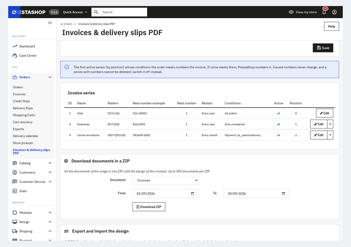 Invoice series and numbering by country, group and payment method