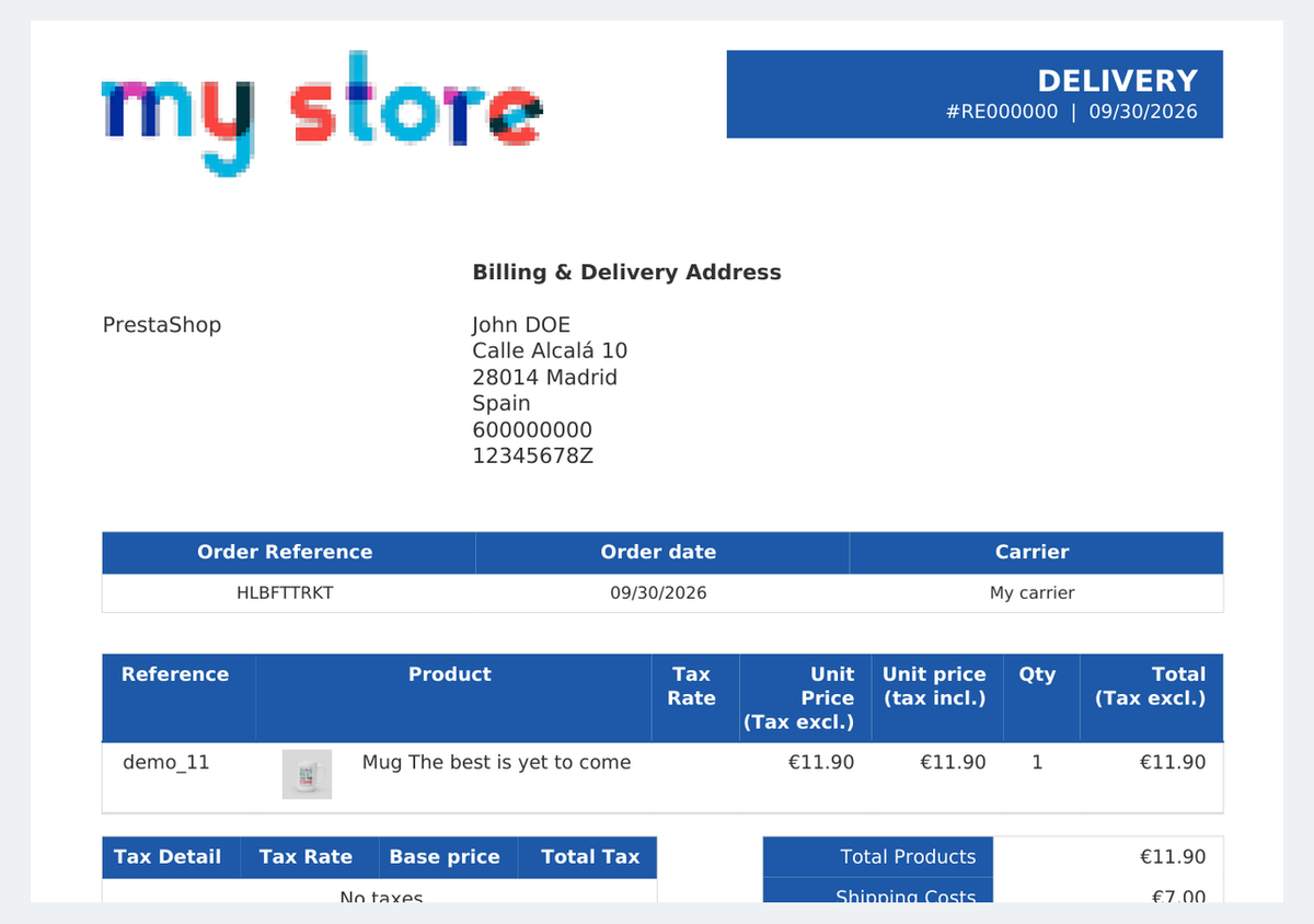 Priced PDF delivery slip with prices and taxes in PrestaShop