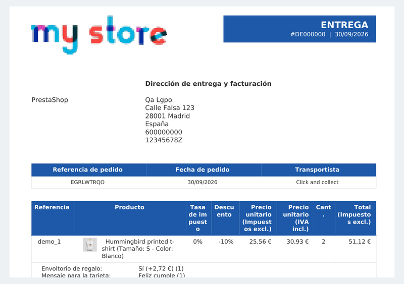 Albarán valorado en PDF con precios e impuestos en PrestaShop