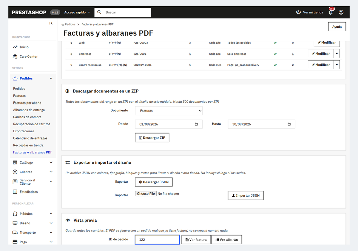 Vista previa con un pedido real y ZIP de facturas por fechas