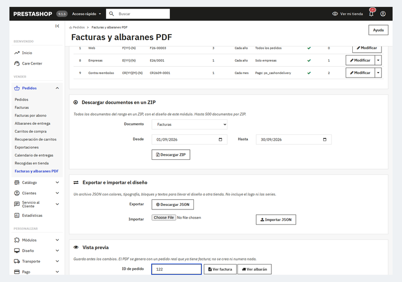 Vista previa con un pedido real y ZIP de facturas por fechas