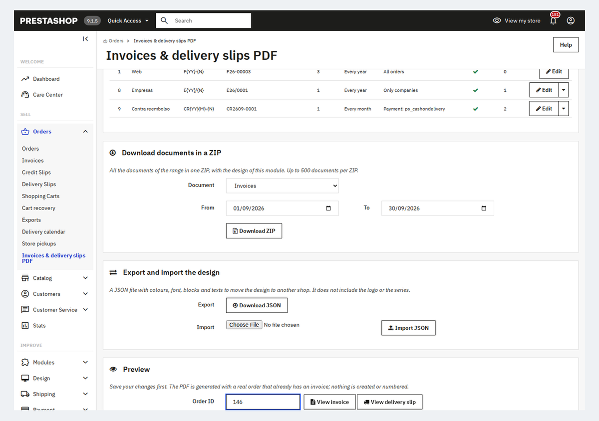 Aperçu avec une vraie commande et ZIP de factures par dates