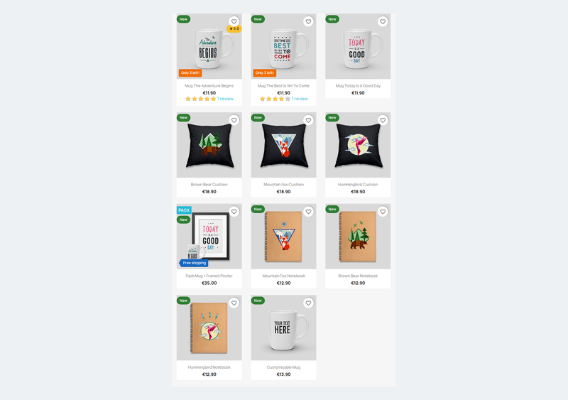 Liste de produits PrestaShop avec étiquettes automatiques Nouveau, Dernières unités, Livraison gratuite et note