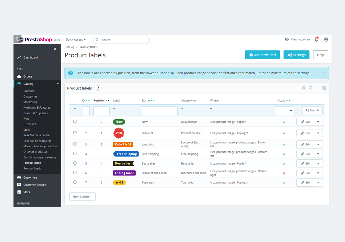 Liste des étiquettes produit dans le back-office PrestaShop