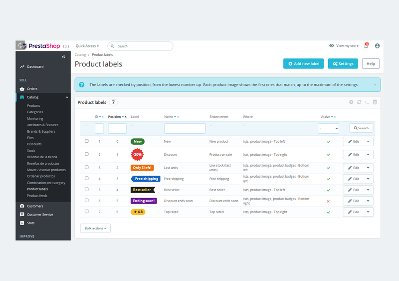 Liste des étiquettes produit dans le back-office PrestaShop
