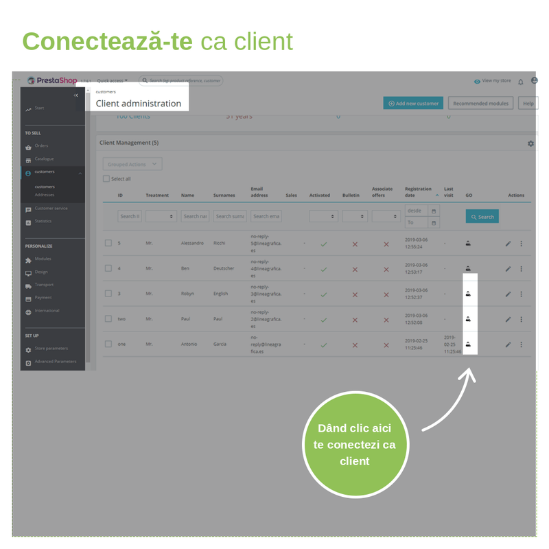 Modul Prestashop Login – autentificare ca client – captură 1
