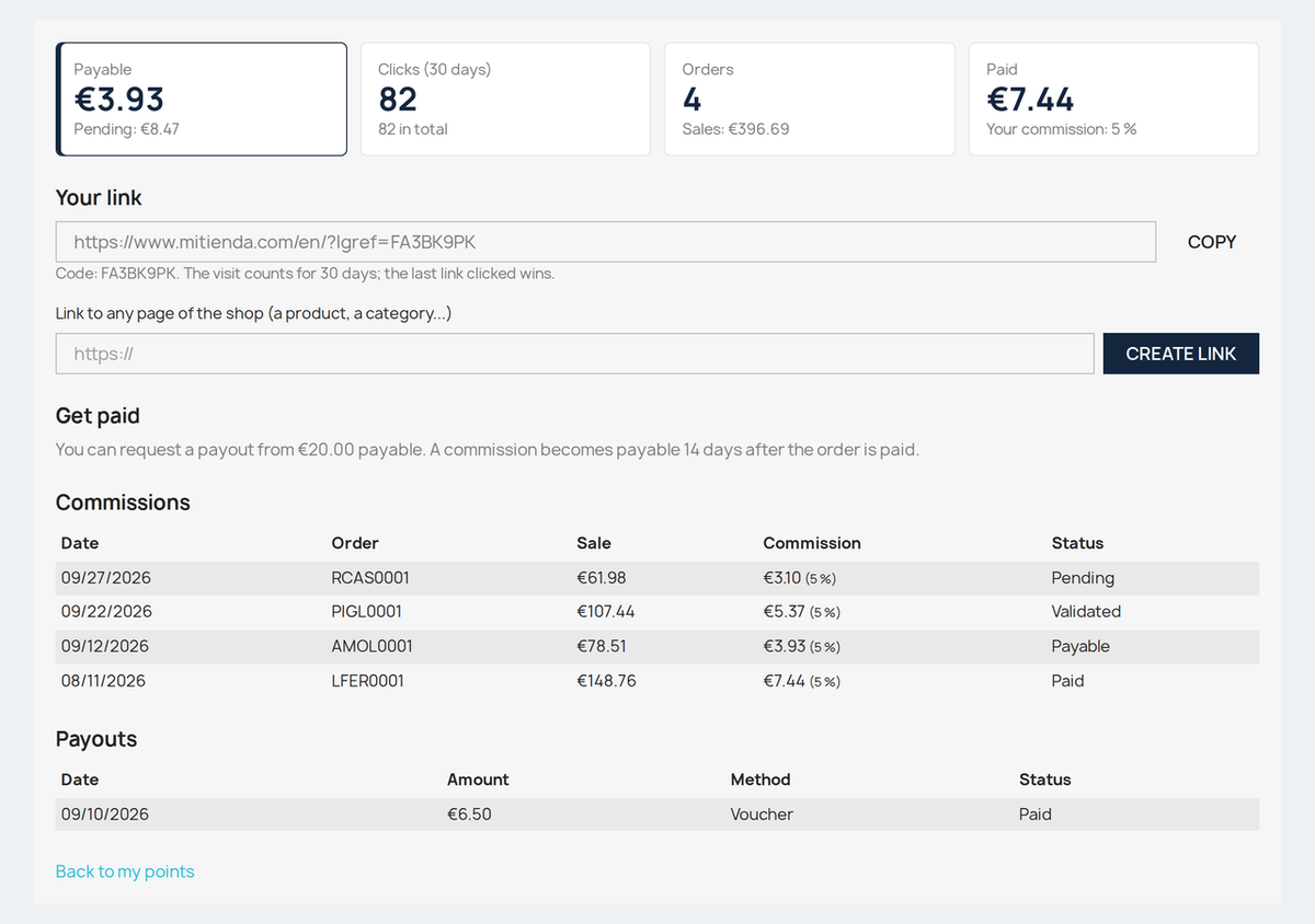 Affiliate dashboard with links, clicks and commissions