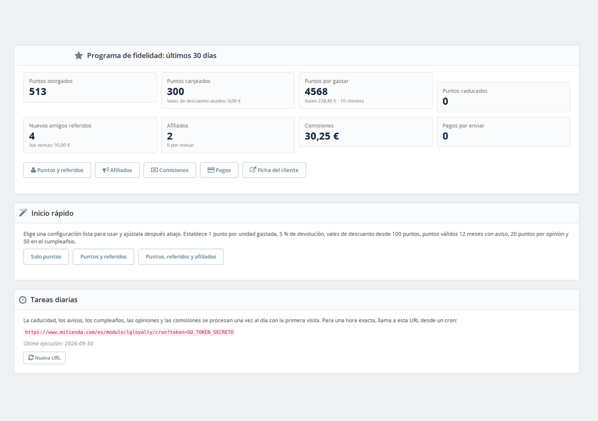 Configuración del programa de fidelización en el back office de PrestaShop