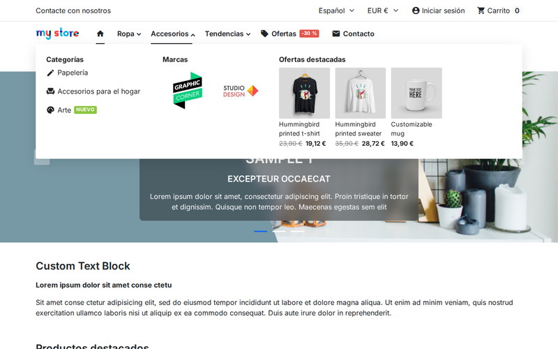 Mega menú de PrestaShop a todo el ancho con categorías, iconos, etiquetas, banner y productos en oferta