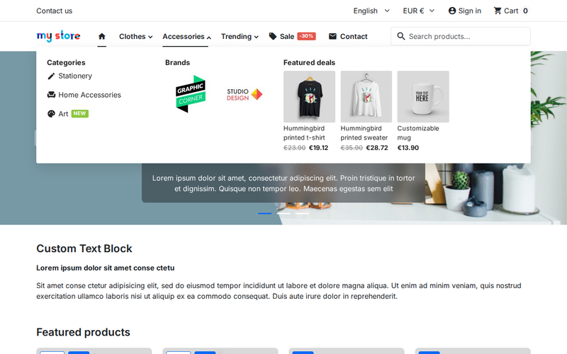 Méga menu PrestaShop pleine largeur avec catégories, icônes, étiquettes, bannière et produits en promotion