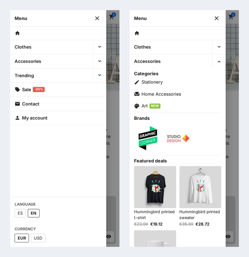 PrestaShop mobile side drawer menu with accordions, brands and featured products