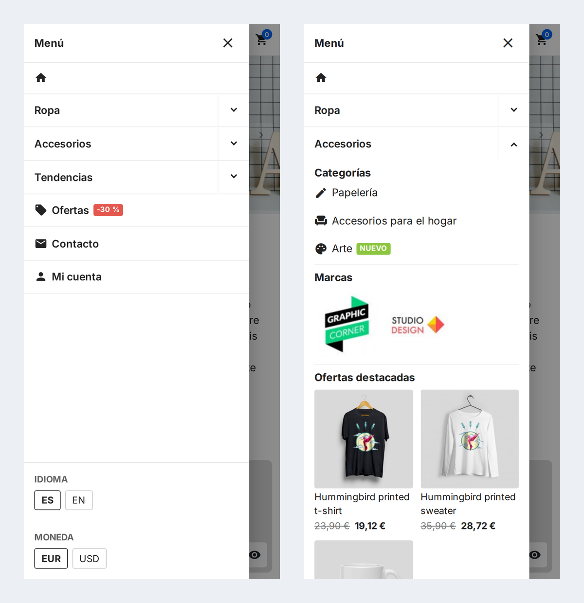 Menú móvil lateral de PrestaShop con acordeones, marcas y productos destacados