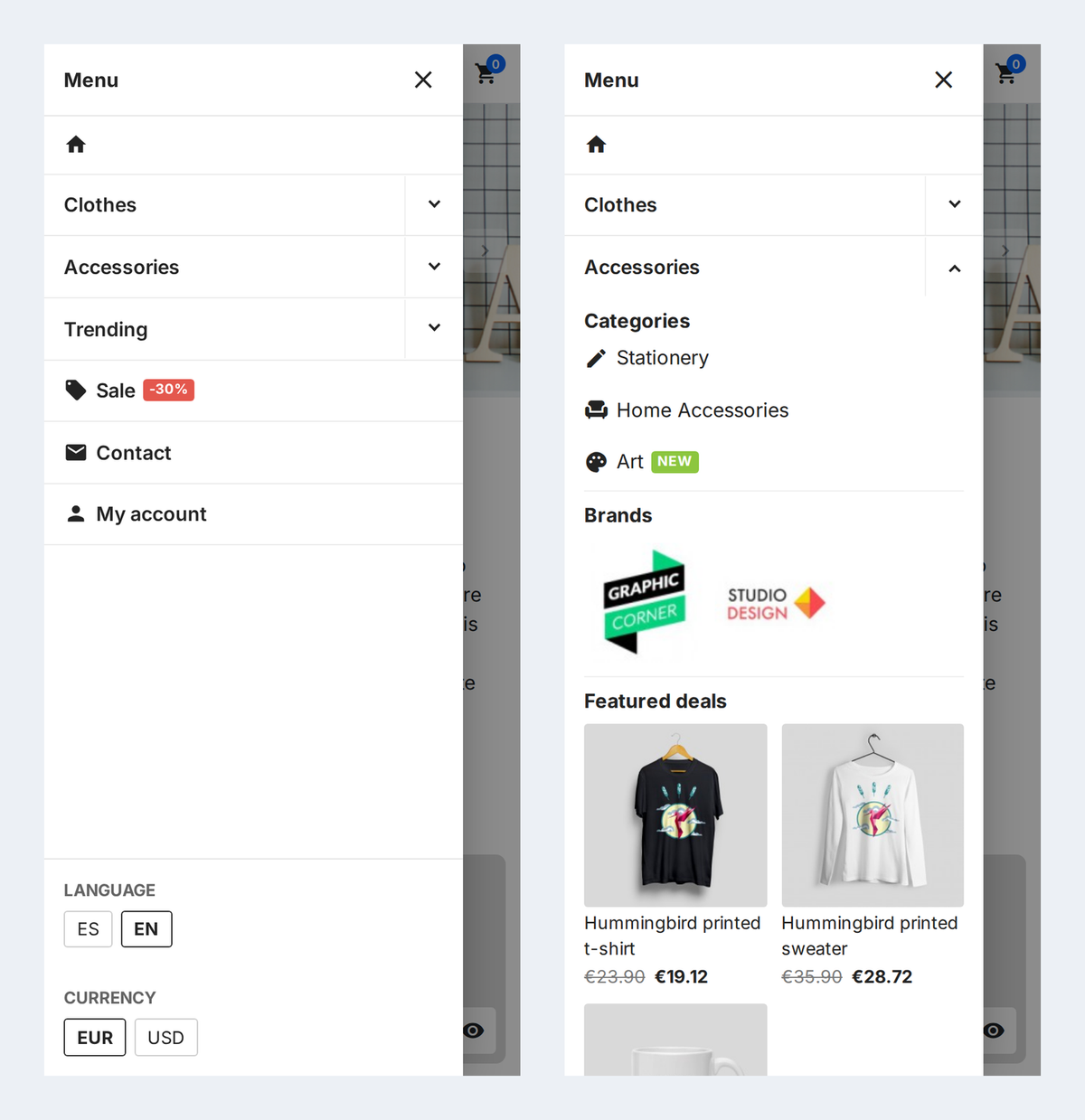 Menu mobile latéral PrestaShop avec accordéons, marques et produits mis en avant