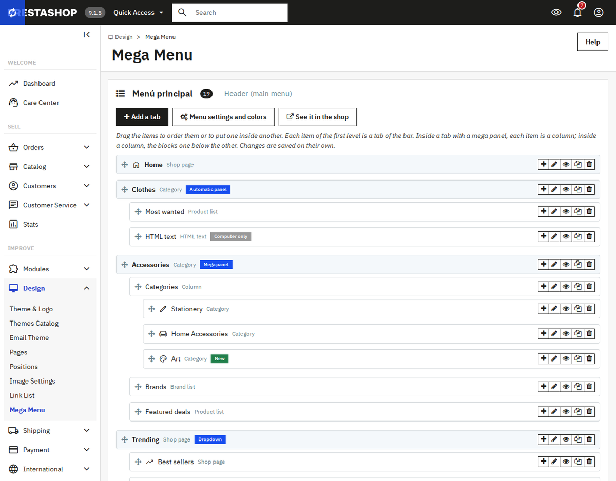 Drag and drop mega menu editor in the PrestaShop back office