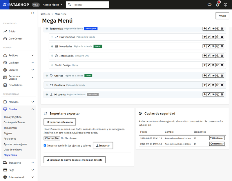 Editor de arrastrar y soltar del mega menú en el back office de PrestaShop