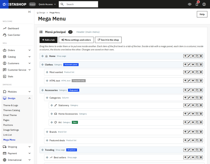 Éditeur glisser-déposer du méga menu dans le back office PrestaShop