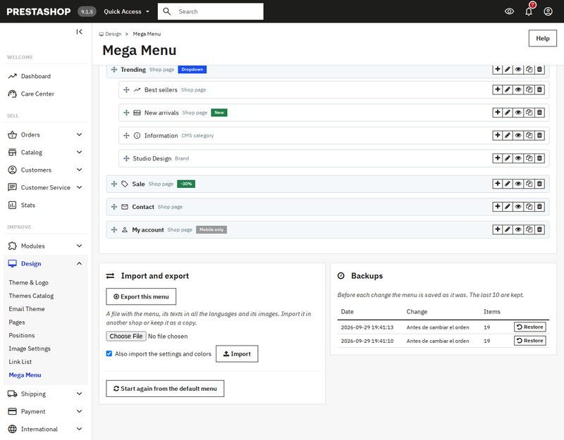 Automatic menu backups with restore, export and import in PrestaShop