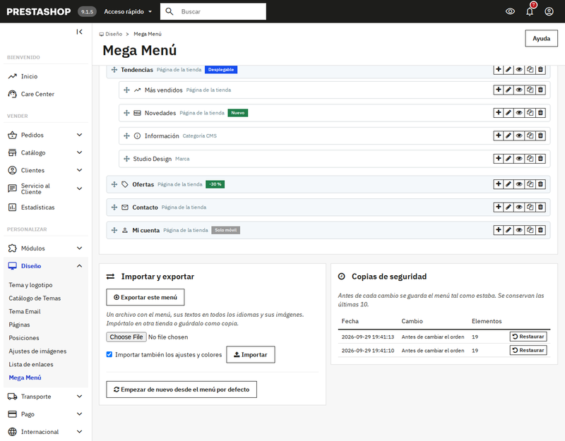 Copias automáticas del menú con restaurar, exportar e importar en PrestaShop