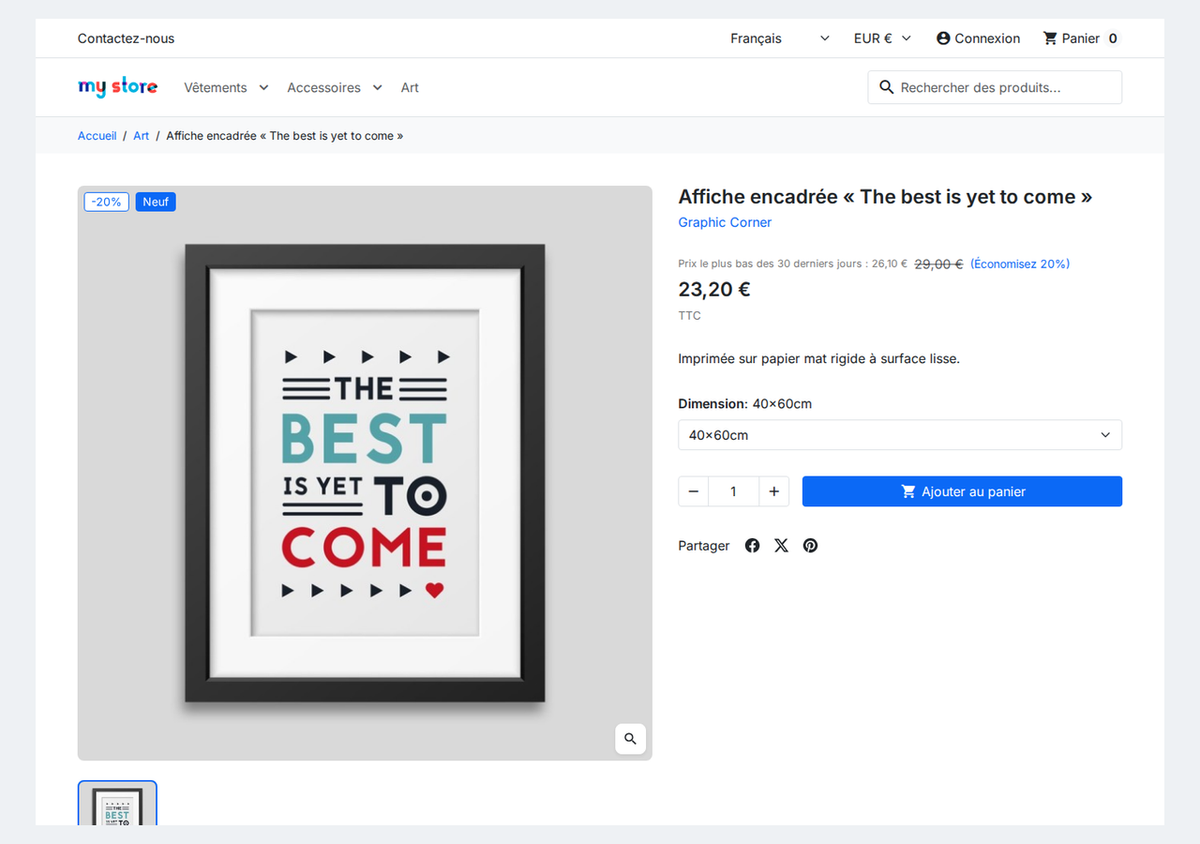 Prix le plus bas des 30 derniers jours à côté du prix barré sur la fiche produit PrestaShop