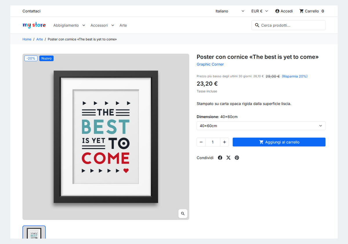 Prezzo più basso degli ultimi 30 giorni accanto al prezzo barrato nella scheda prodotto PrestaShop