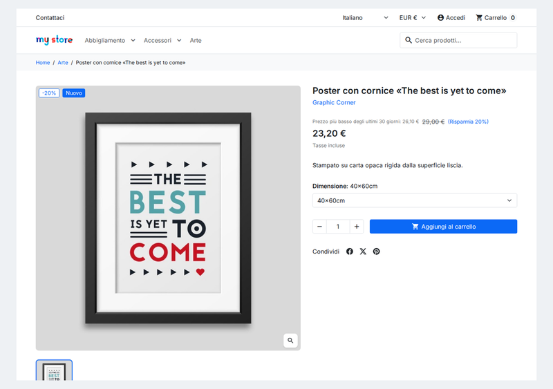 Prezzo più basso degli ultimi 30 giorni accanto al prezzo barrato nella scheda prodotto PrestaShop