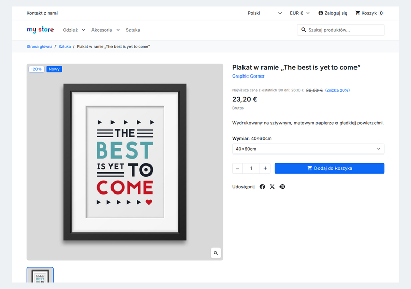 Najniższa cena z 30 dni przed obniżką obok ceny przekreślonej na karcie produktu w PrestaShop
