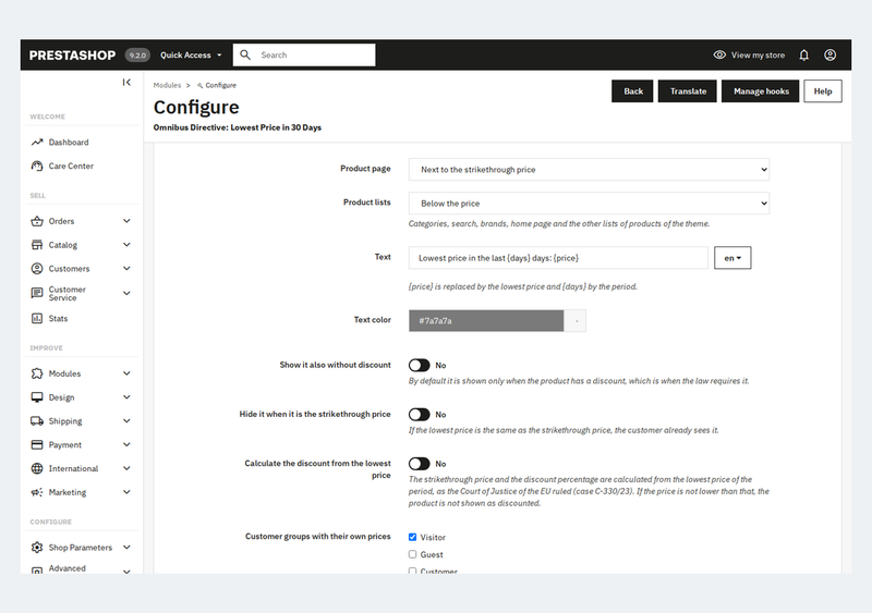 Omnibus Directive module settings: position, text, colour and CJEU C-330/23 mode
