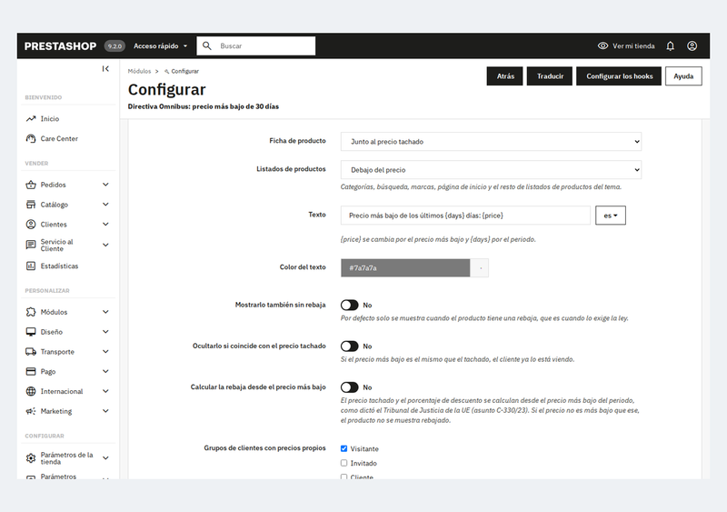Configuración del módulo Directiva Omnibus: posición, texto, color y modo TJUE C-330/23