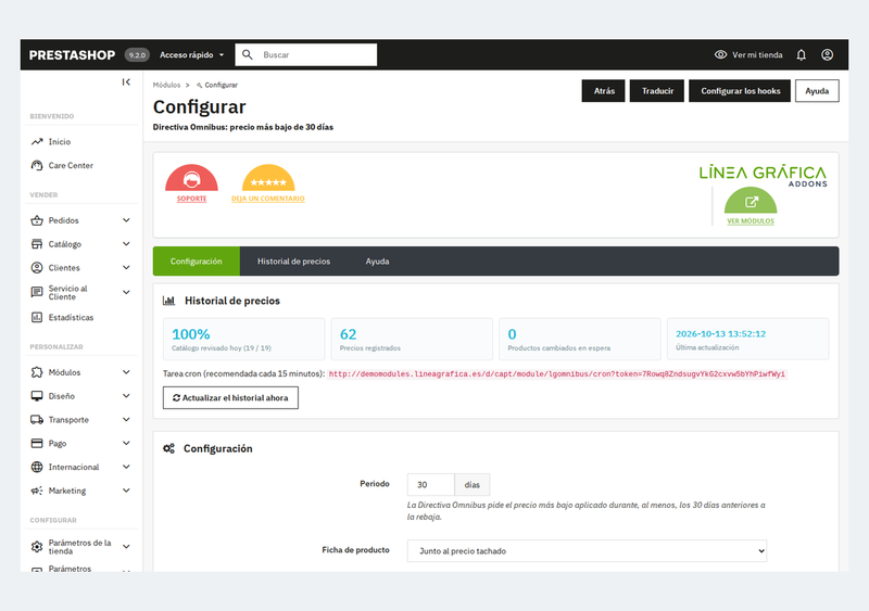 Estado del historial de precios Omnibus y tarea cron en el back office de PrestaShop