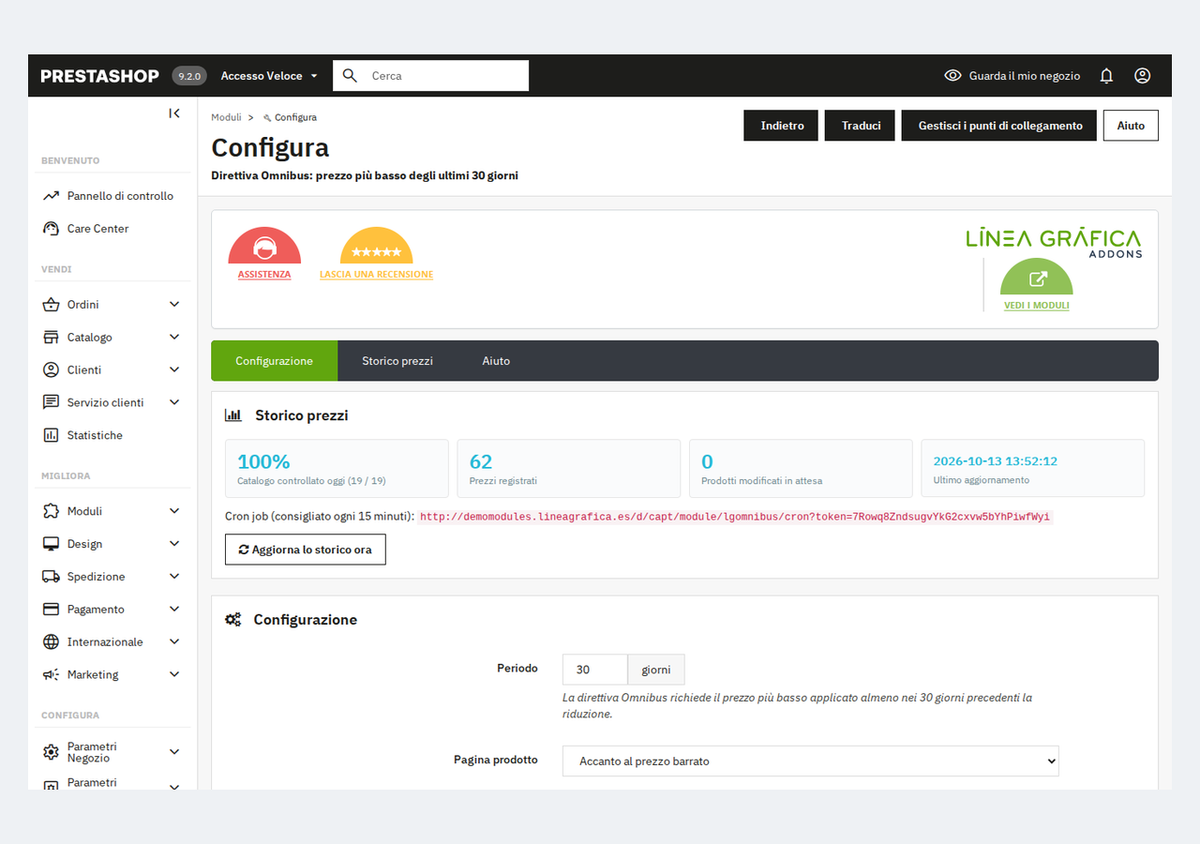 Stato dello storico prezzi Omnibus e attività cron nel back office di PrestaShop