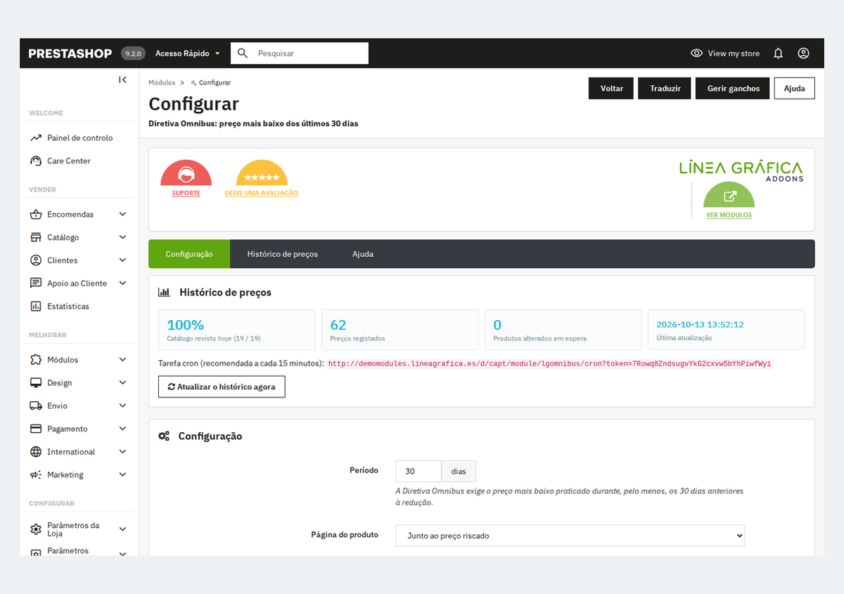 Estado do histórico de preços Omnibus e tarefa cron no back office do PrestaShop