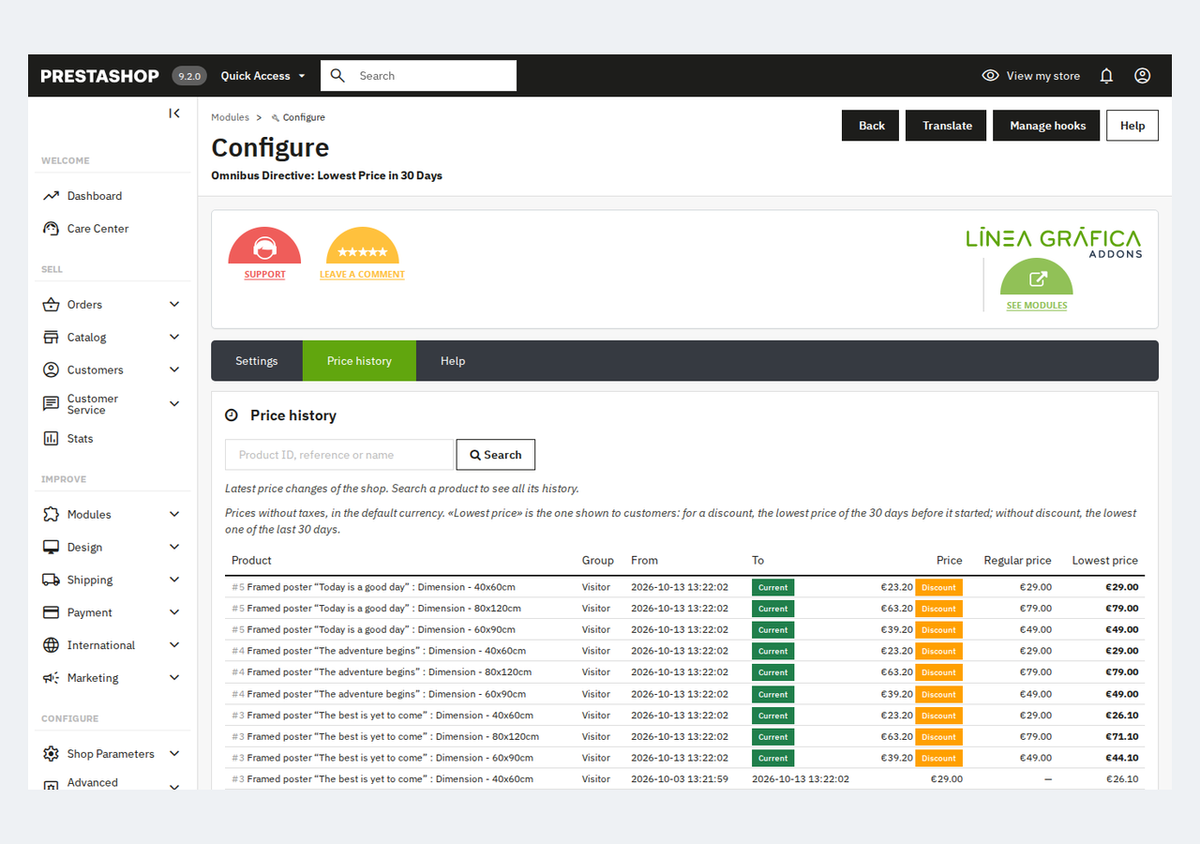 Price history of a product and its combinations in the PrestaShop back office