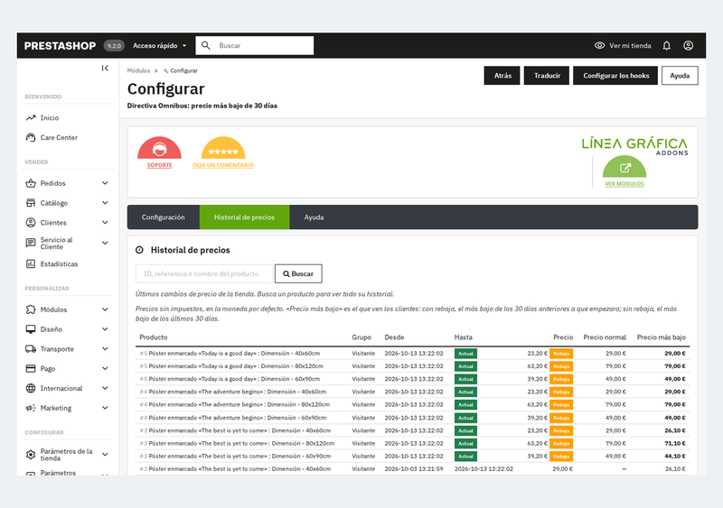 Historial de precios de un producto y sus combinaciones en el back office de PrestaShop