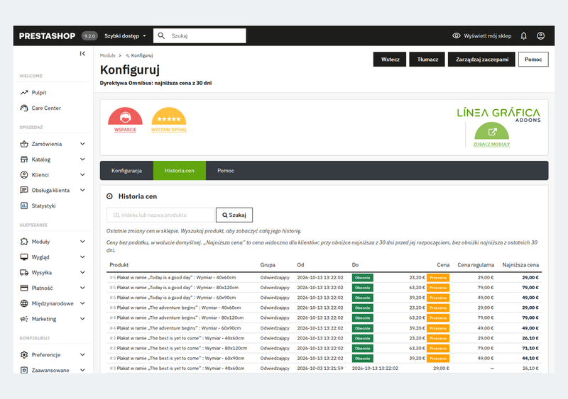 Historia cen produktu i jego kombinacji w panelu administracyjnym PrestaShop