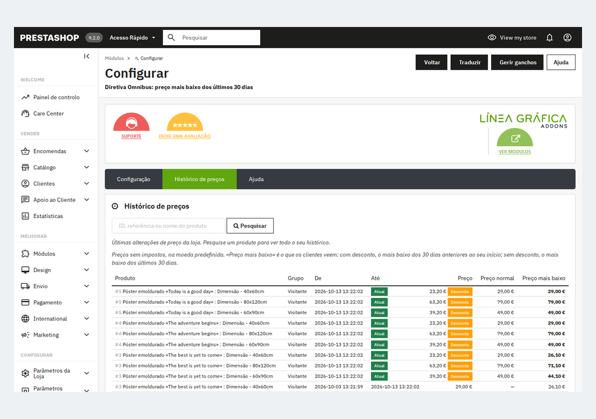 Histórico de preços de um produto e das suas combinações no back office do PrestaShop