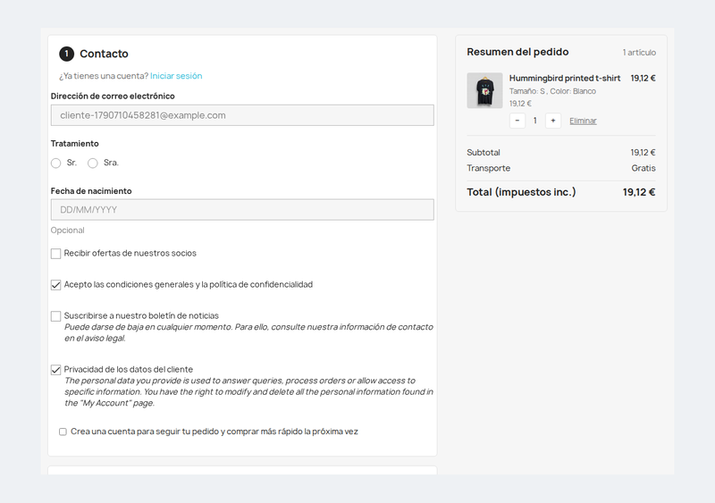 Checkout en una página de PrestaShop con contacto, dirección, envío y pago