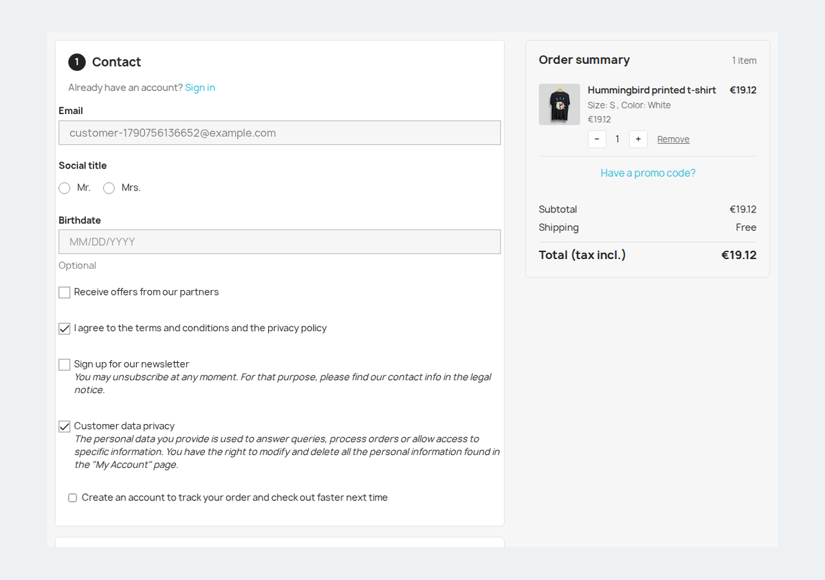 Commande en une page PrestaShop avec contact, adresse, livraison et paiement
