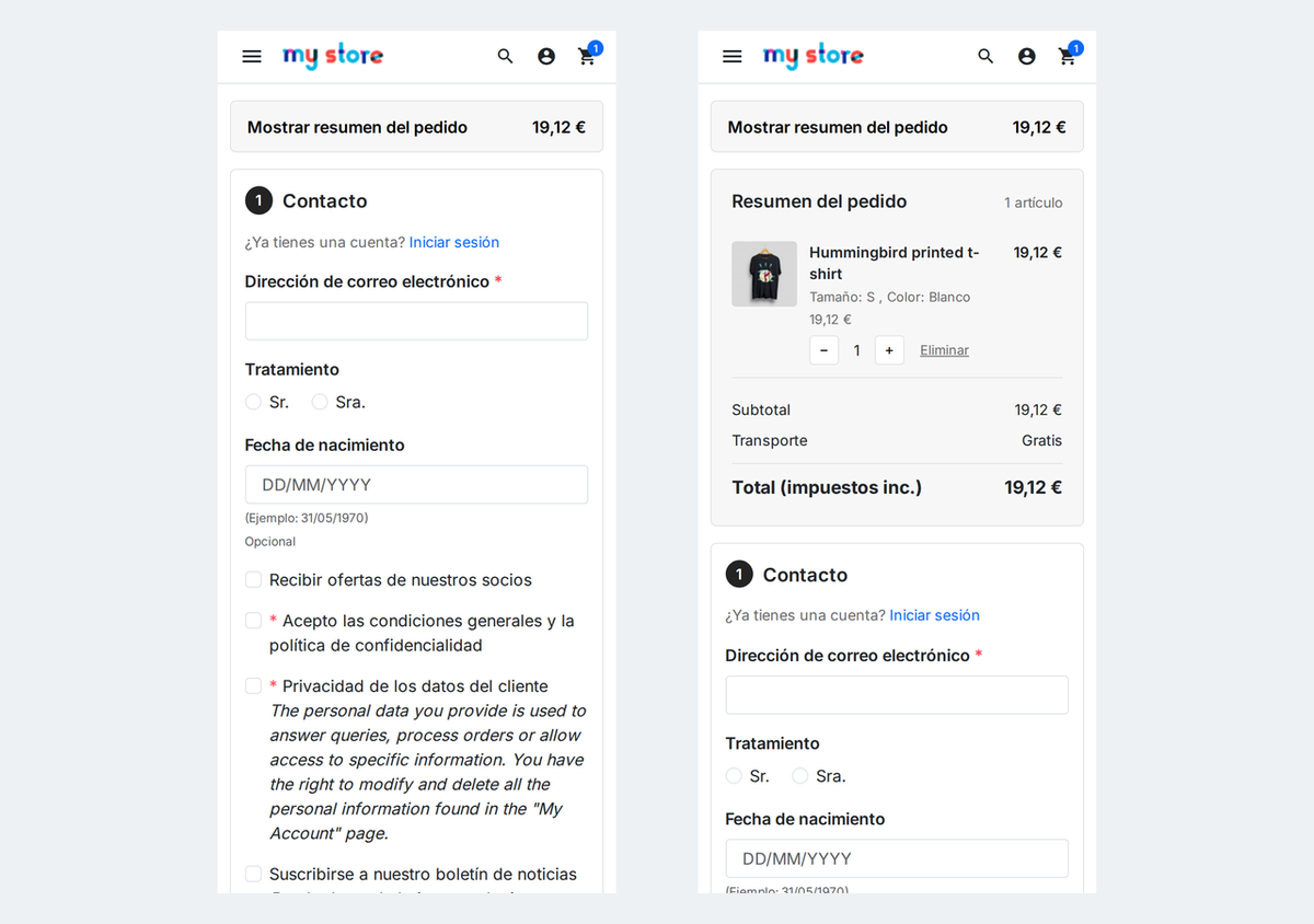 One page checkout de PrestaShop en el móvil