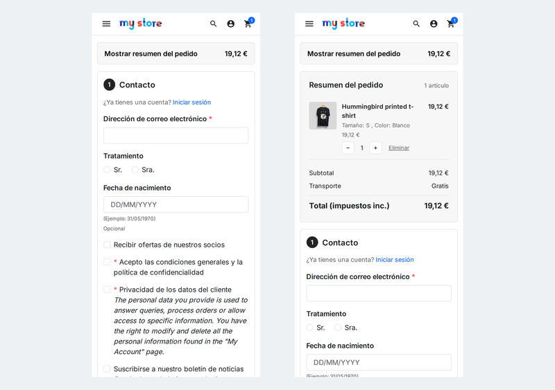 One page checkout de PrestaShop en el móvil