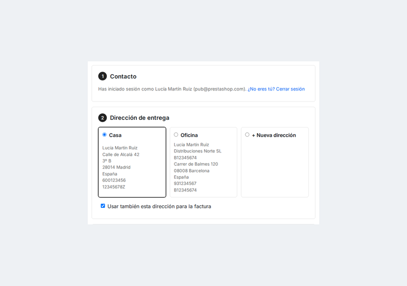 Cliente registrado con direcciones guardadas en el checkout en una página