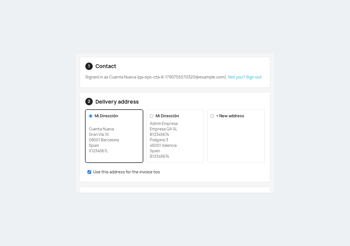 Client connecté avec adresses enregistrées dans la commande en une page