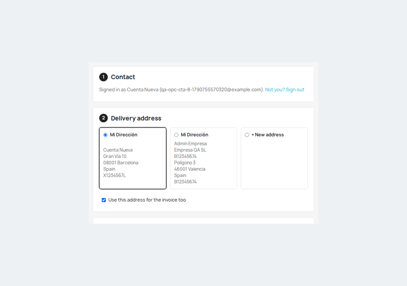 Client connecté avec adresses enregistrées dans la commande en une page