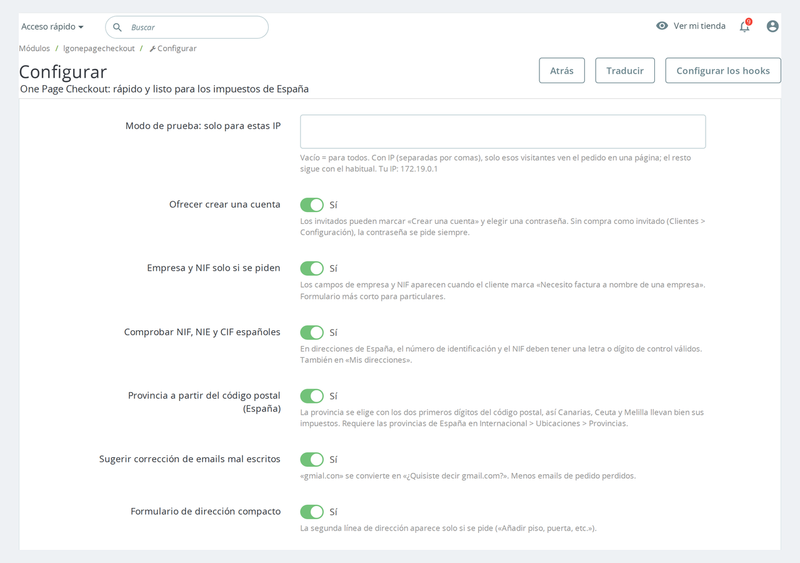Configuración del módulo One Page Checkout en el back office de PrestaShop