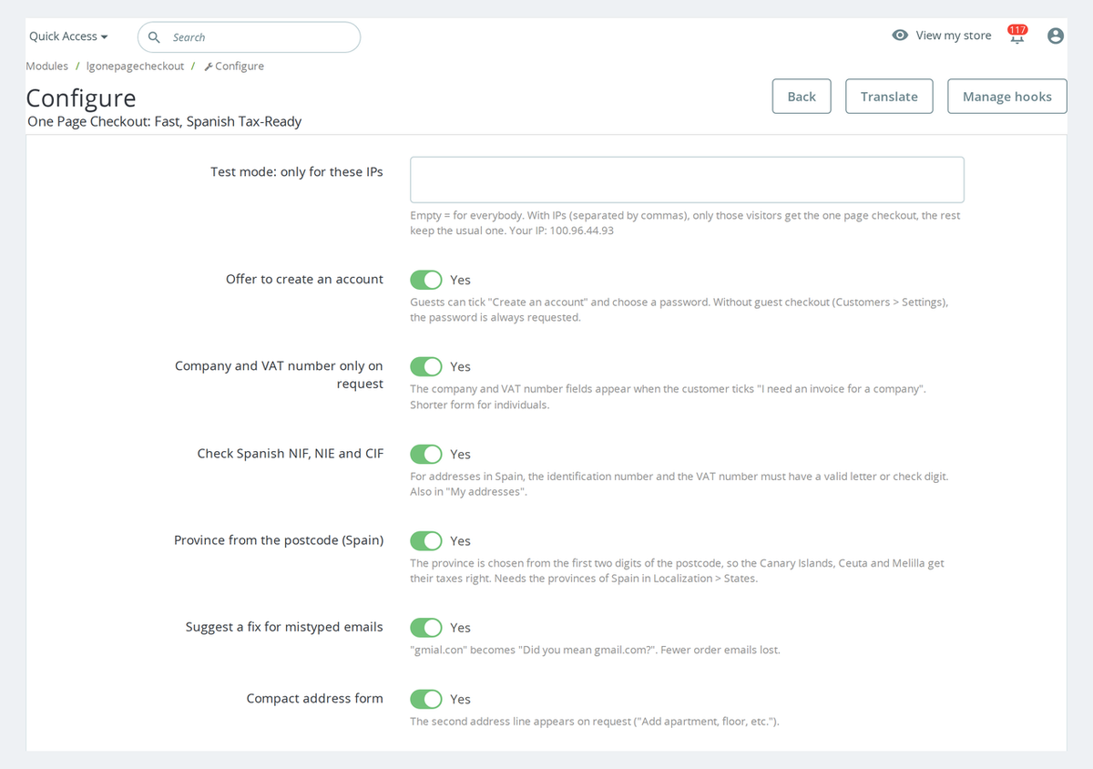 Configuration du module One Page Checkout dans le back-office PrestaShop