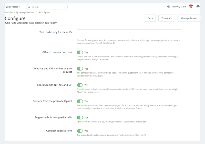 Configuration du module One Page Checkout dans le back-office PrestaShop