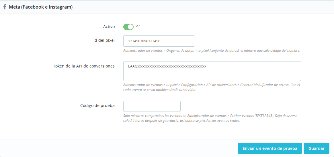 Configuración del píxel de Meta y del token de la API de Conversiones en PrestaShop